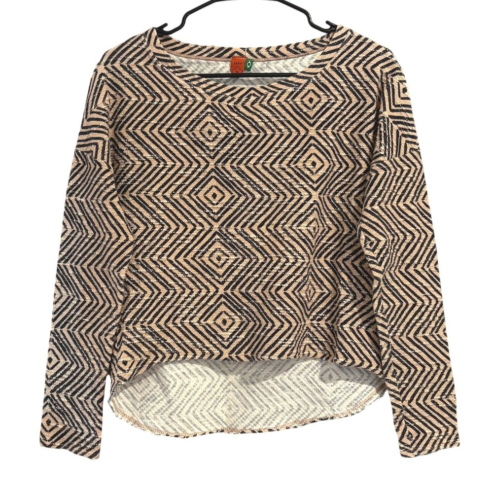 Farm Rio Geometric Diamond Print High-Low Long Sleeve Top Tan Black SIZE P